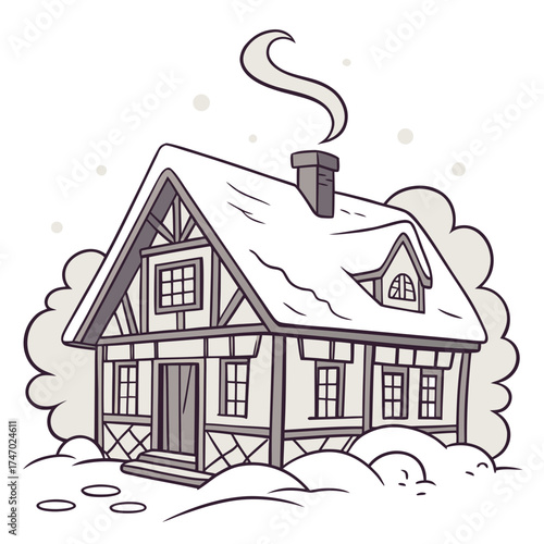 Snow covered cottage with chimney smoke vector house