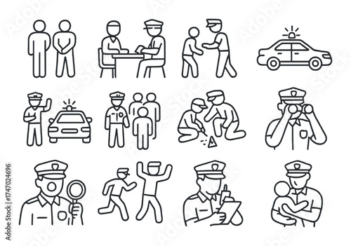 Police activities icons: officers, vehicles, and crime scenes illustrated