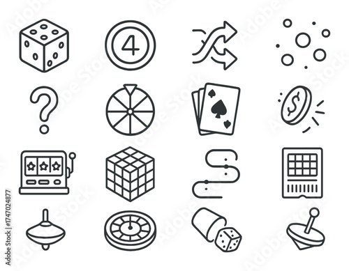 Collection of gaming icons: dice, cards, slots, roulette, and more
