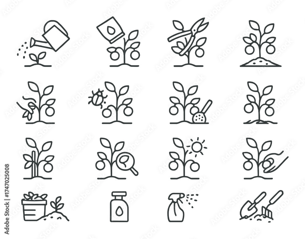 Fototapeta premium Gardening icon set: watering, pruning, plant care, sunlight, tools