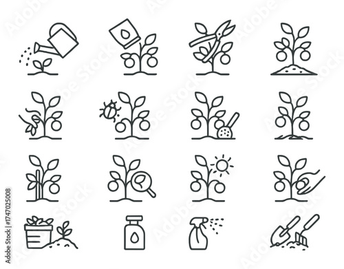 Gardening icon set: watering, pruning, plant care, sunlight, tools
