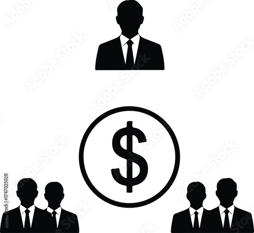 Business hierarchy diagram showing a leader at the top with a dollar sign in the center and subordinates below, isolated on transparent background