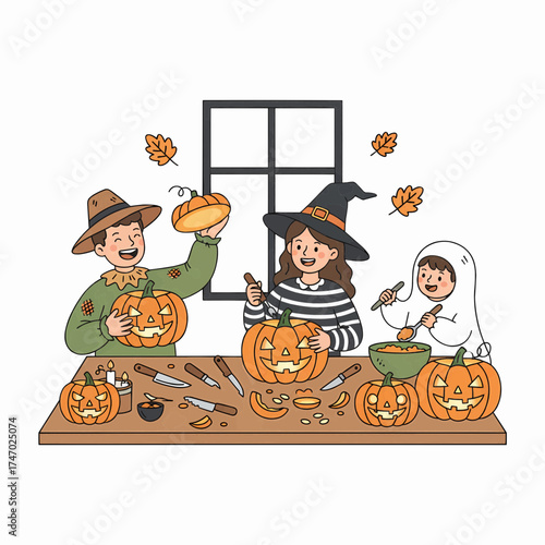 Happy Family Carving Halloween Pumpkins Together for Festive Jack O Lanterns