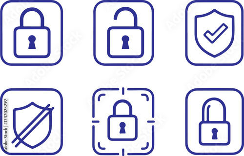 Set of security and lock icons, featuring closed and open locks, shields, and a padlock within a frame, isolated on transparent background