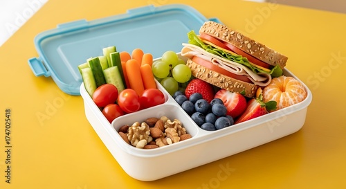 Healthy lunch box with sandwich fruits vegetables and nuts on yellow
