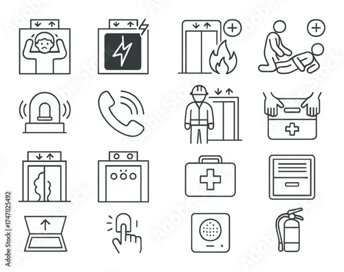 Elevator safety icons: emergency procedures and equipment symbols
