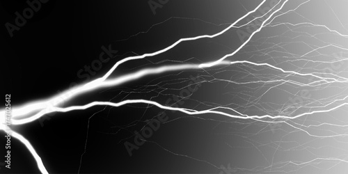 Massive lightning bolt with branches isolated on black background. lightning effect on black background. Thunderbolt with rays of light. Heavy clouds bringing thunder, lightnings and storm.
