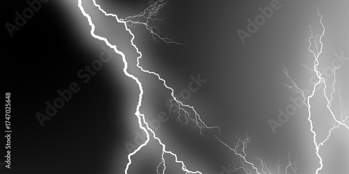 Massive lightning bolt with branches isolated on black background. lightning effect on black background. Thunderbolt with rays of light. Heavy clouds bringing thunder, lightnings and storm.