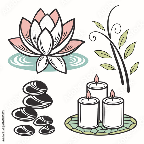 Spa still life featuring lotus, stones, candles