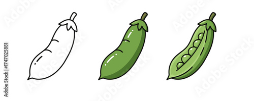 Three bright green pea pods with outline and colorful styles on a white background