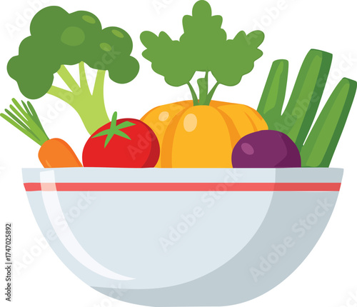 A white bowl filled with a variety of fresh, colorful vegetables including broccoli, carrots, tomatoes, pumpkin, and cucumbers.