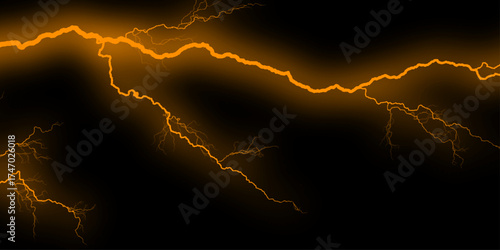 Electric lightning arcs on black background displaying powerful energy. lightning bolts branching out in night sky weather storm electricity. Golden thunder lightning bolts against a black background.