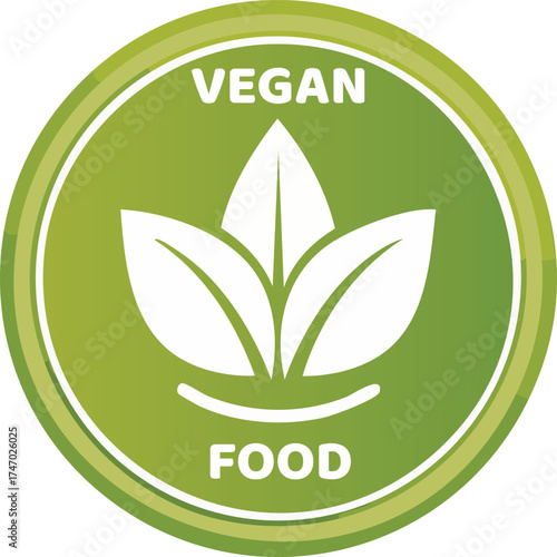 A green circular badge with the words VEGAN FOOD and a stylized leaf emblem.