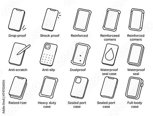 Protective phone cases display with icons indicating features