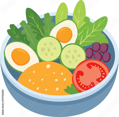 A vibrant and healthy salad bowl filled with fresh ingredients like lettuce, eggs, cucumber, tomato, and olives.