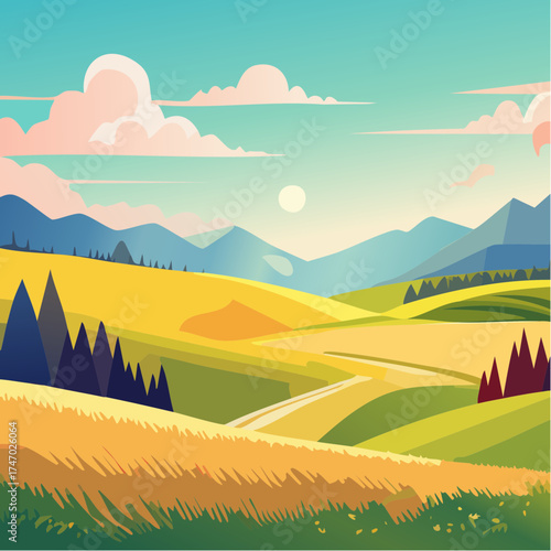 Rolling hills landscape with mountains and sunny sky