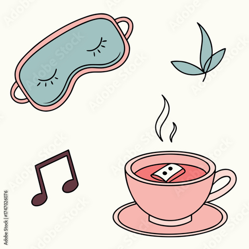 Relaxation themed illustration featuring sleep mask, tea, music, and plant