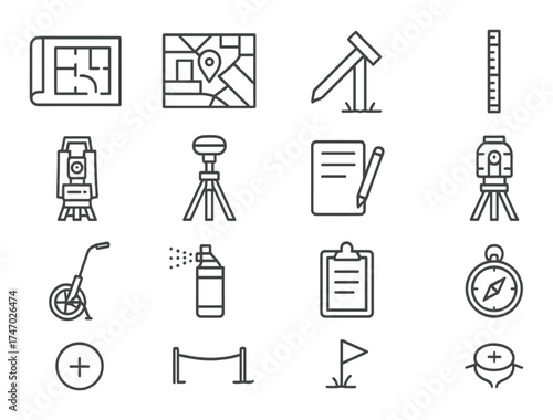 Surveying tools icon set with measuring and mapping equipment illustrations