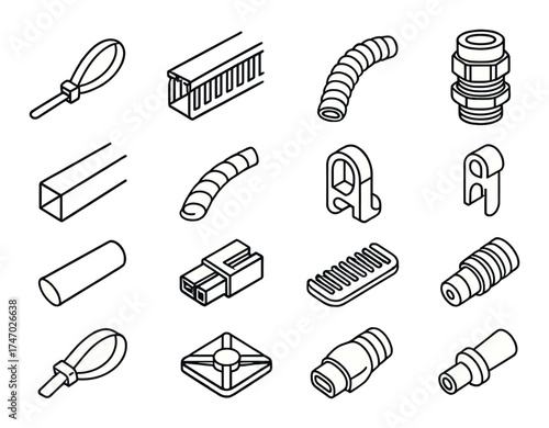 Various injection molded plastic components and connectors on neutral background