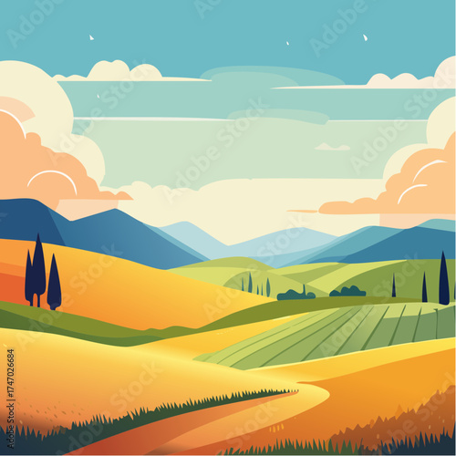 Rolling hills landscape with mountains and winding road