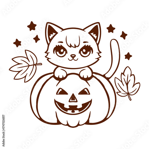 Cute Halloween Cat Kitten Sitting Pumpkin Jack-o-Lantern