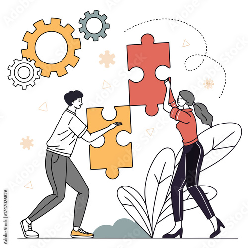 Illustration of people connecting puzzle pieces to achieve a common goal