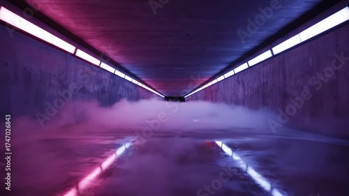 Foggy Concrete Tunnel with Neon Lighting - This video shows a concrete tunnel filled with pink and purple fog. Neon lights run along the tunnel's ceiling, casting a glow on the fog.