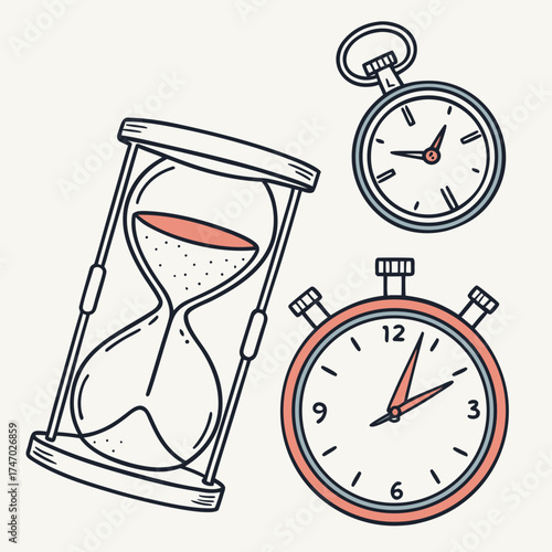 Illustration of hourglass, pocket watch, and stopwatch