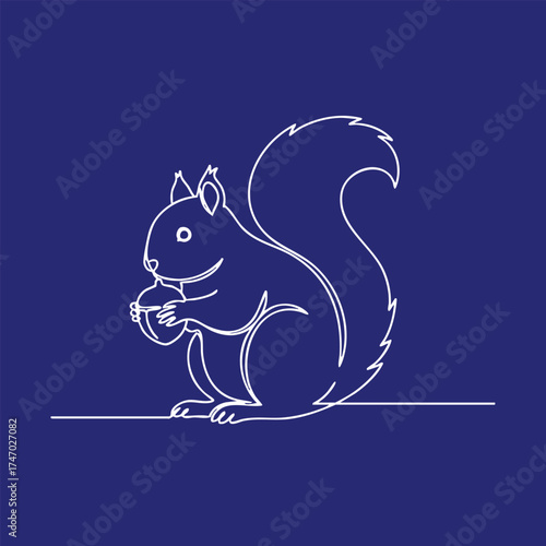 Minimalist Line Drawing of a Squirrel Holding an Acorn on a Solid Dark Blue