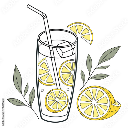 Tall glass of lemonade with citrus slices and leaves