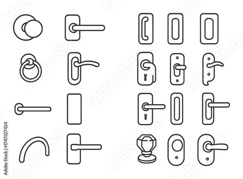 Variety of door handles and knobs on gray background