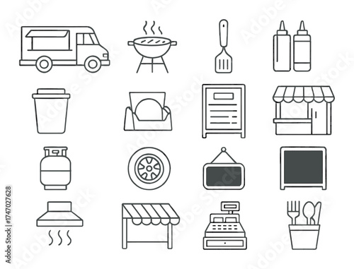 Outline icons of food truck and kitchen equipment on grayscale background
