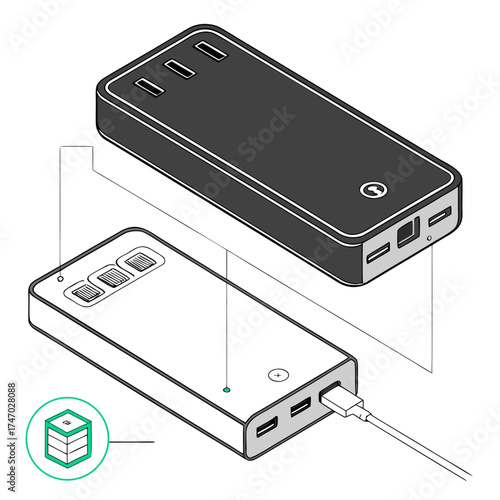 Two isometric views of a modular power bank with U S B ports