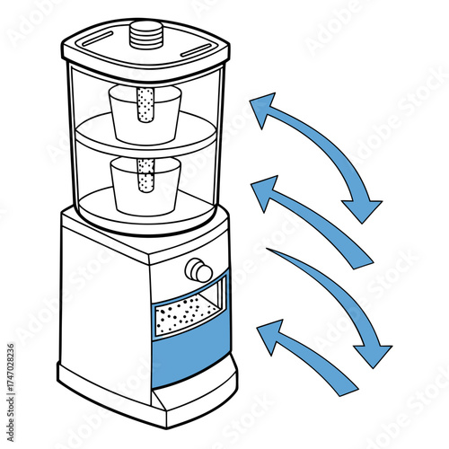 Water purifier with filtration layers and flow arrows