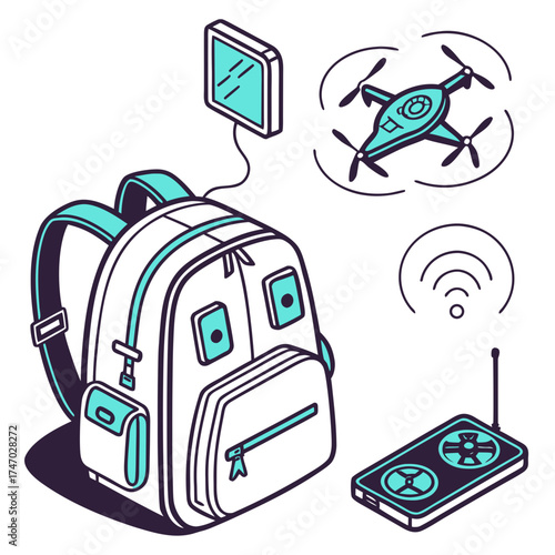 White backpack with teal accents and floating drone