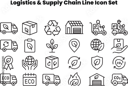 Eco-friendly logistics icon collection focusing on renewable energy, low-carbon transport, and sustainable packaging. Suitable for environmental presentations, green supply-chain infographics, or corp