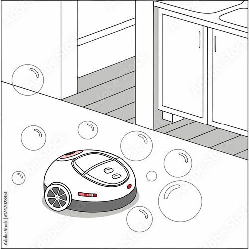 White robot vacuum cleaner with bubbles in a room cleaning