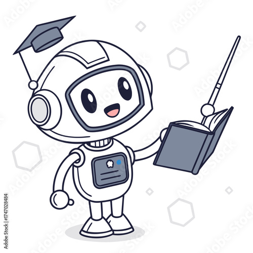 White robot wearing graduation cap holding book and pointer