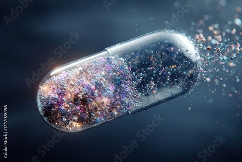 Glowing capsule releasing multicolored beads into dark space, a sci-fi pill art scene suitable for pharmaceutical, science, and education campaigns