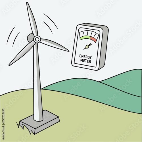 Wind turbine and energy meter gauge illustration renewable energy