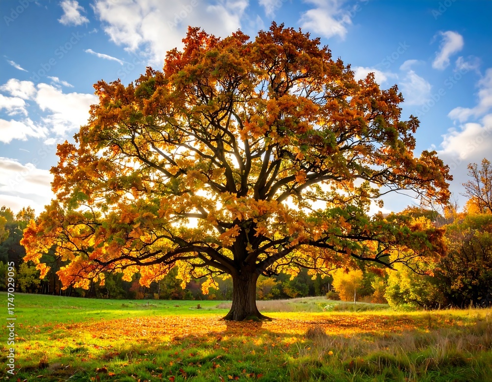 Naklejka premium Autumnal oak tree in a sunlit meadow