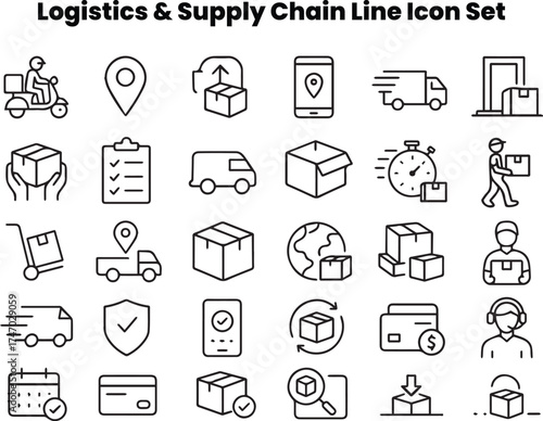 Detailed icons representing real-time tracking, monitoring, and data analytics in supply-chain systems. Ideal for logistics dashboards, SaaS platforms, or data-driven apps. Depicts location pins, sens