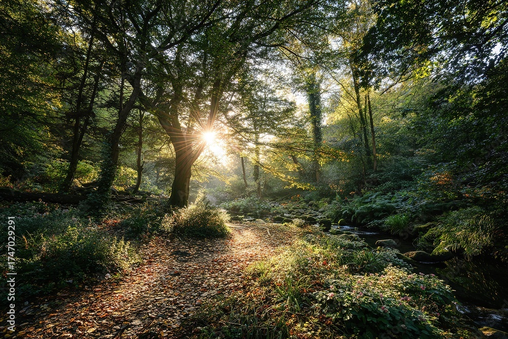 Obraz premium Sunlight streaming through trees in a peaceful forest near a gentle stream during autumn