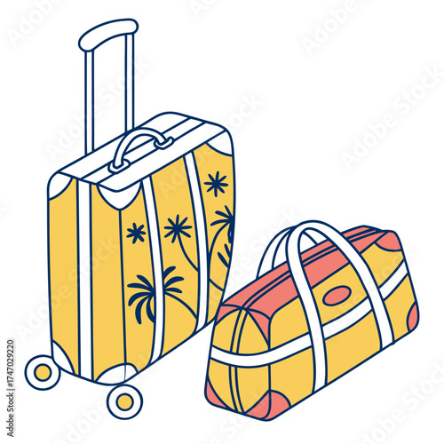 Yellow suitcase and duffel bag with palm trees luggage