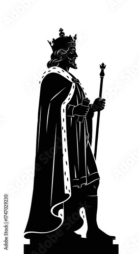 King silhouette statue with a crown and scepter on a transparent background
