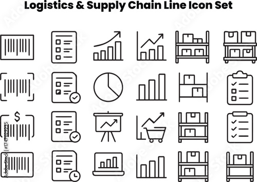 Professional line icons for inventory systems and warehouse management. Includes stock levels, barcodes, counting, and product tracking symbols. Perfect for dashboards, ERP systems, or reports related