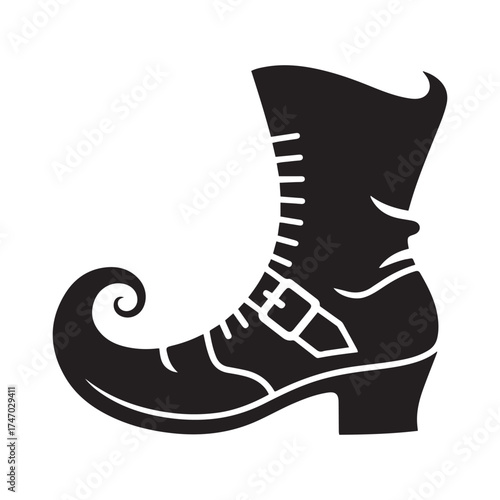 Black silhouette of a pointed toe witch s boot with laces and buckle on white background