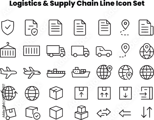 Vector line icons showing global shipping and container transport. Includes cargo ships, cranes, ports, and manifests. Ideal for marine logistics, supply-chain presentations, and import/export visuals