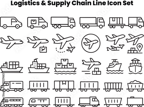 Minimal vector icons inspired by modern warehouse and automation systems. Depicts forklifts, conveyors, barcode scanners, robotic arms, and packaging stations. Suitable for warehouse dashboards, e-com