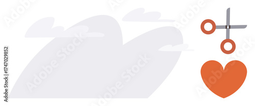Orange scissors cutting a heart against a simple background with clouds. Ideal for creativity, love, emotional expression, relationships, crafting, design concepts, and emotional challenges. Flat